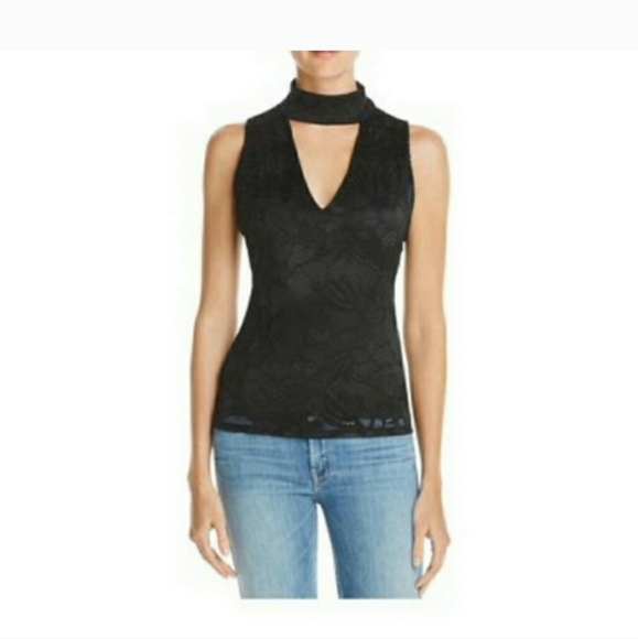 GUESS Black Agnes Mock Neck Cutout Sleeveless Lace Overlay Top - Picture 2 of 14
